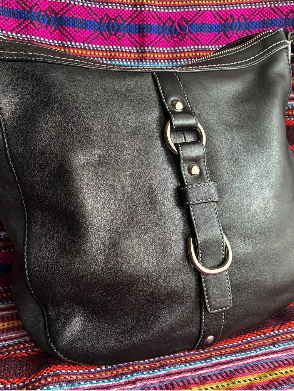 Coach Black Leather Crossbody with Silver Ring Detail